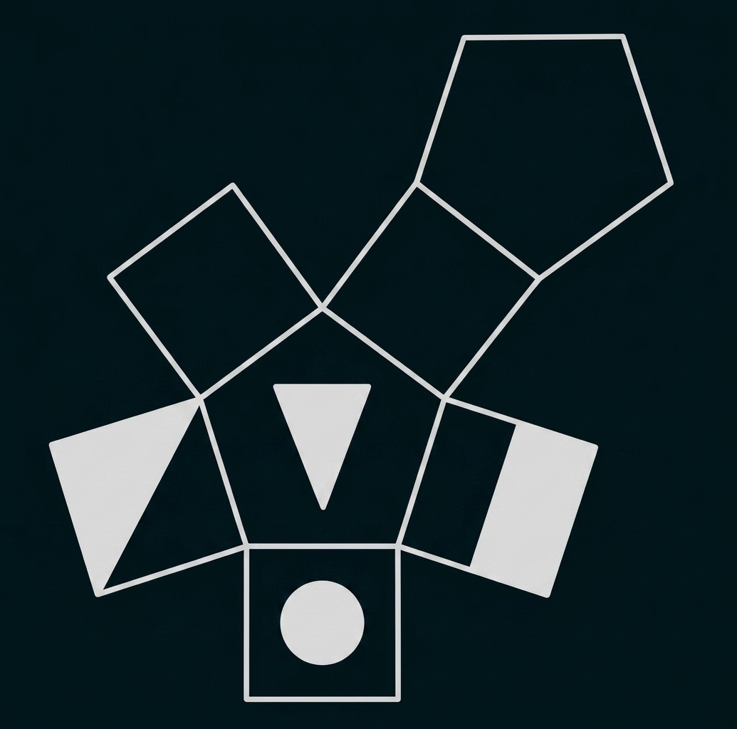 Geometrische Figuren mit Pentagons und Quadraten, teilweise grau markiert
